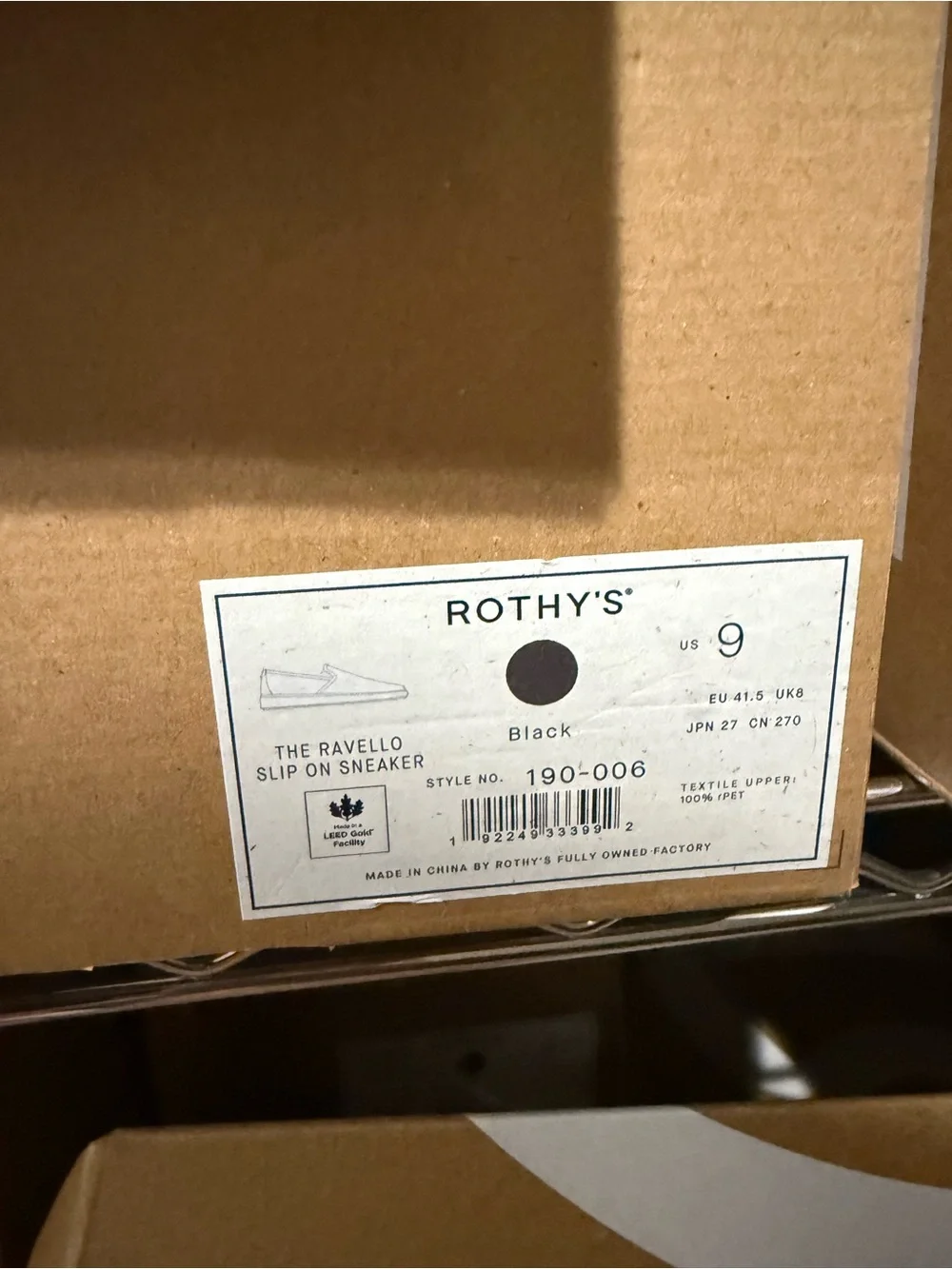 Rothy's Ravello Slip-On Sneaker Box in Black size 9
